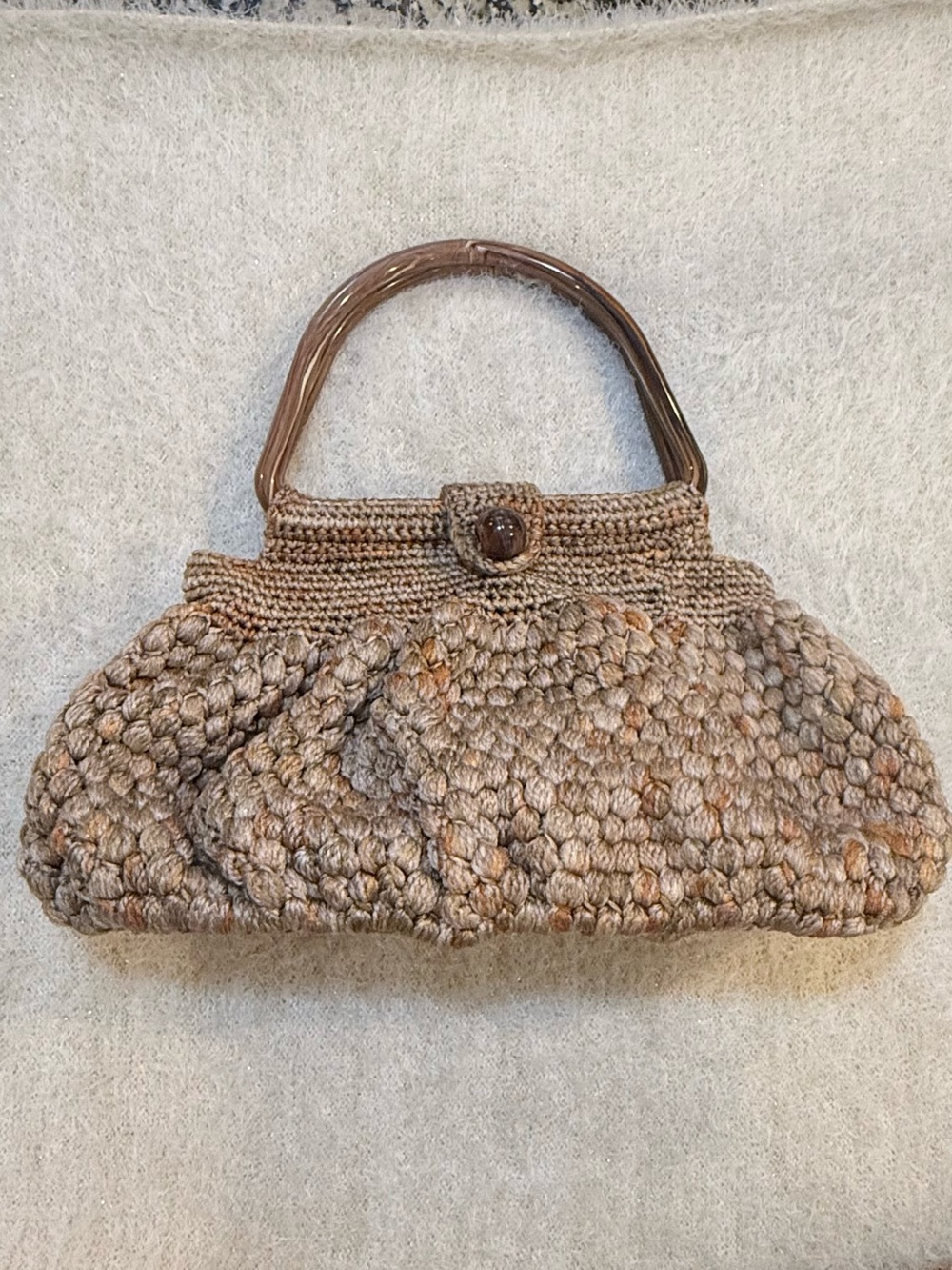 Taupe Crochet Bubble-Stitch Top-Handle Clutch